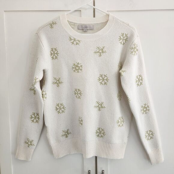 Loft Womens Small White Gold Shimmer Snowflake Pullover Round Neck Sweater - Picture 1 of 6